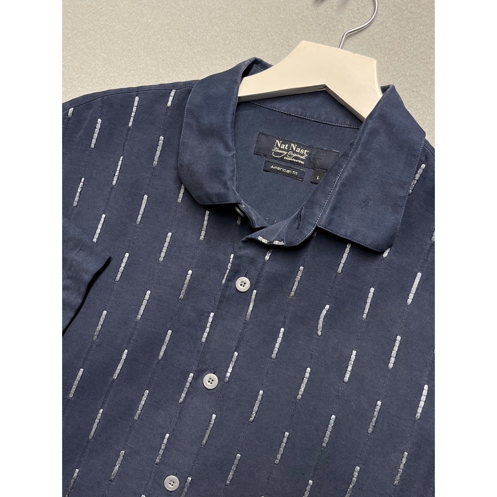 Nat Nast Luxury Originals bowling shirt 100% Silk Camp L‎ Navy Woven Textured